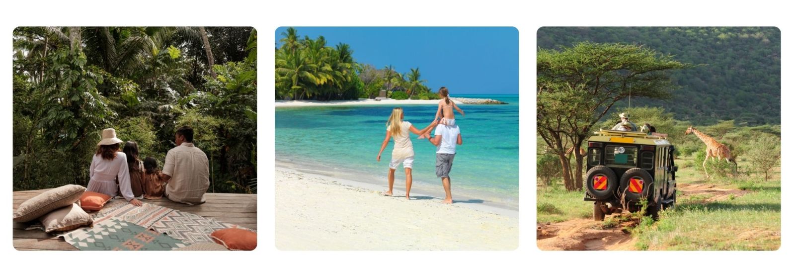 Family in rainforest, family on beach, family on safari with giraffe