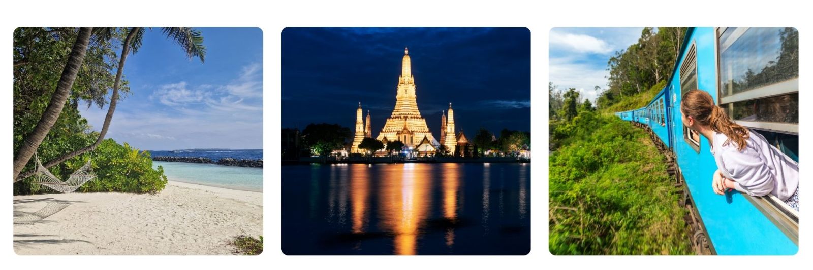 Tropical beach, Thailand at night, train journey