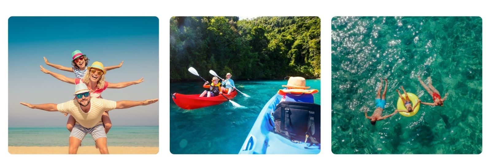 Families enjoying different holidays on the beach, in the sea and canoeing