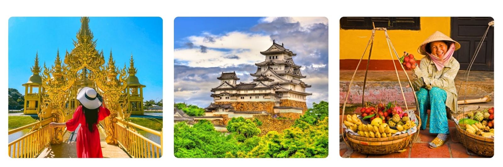 Photo of lady with Thai temple, photo of Japanese castle, photo of asian lady with baskets of bright vegetables