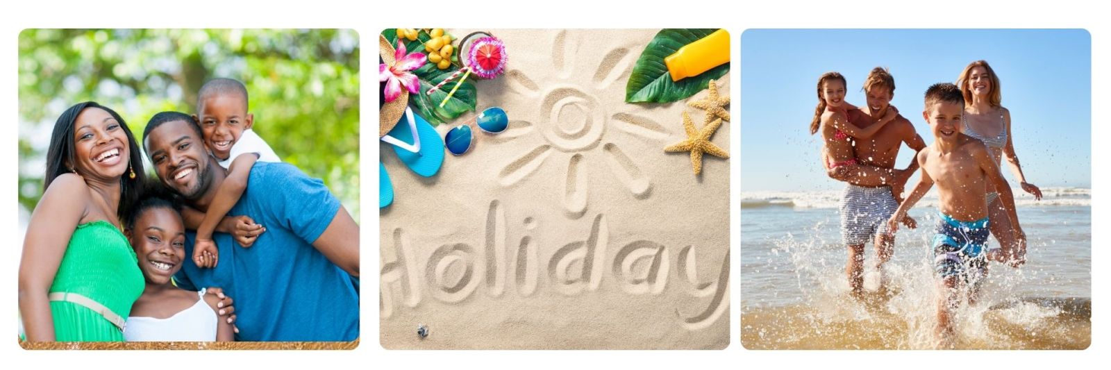 Afro-Carribean family on holiday, photo of beach, Caucasian family on holiday