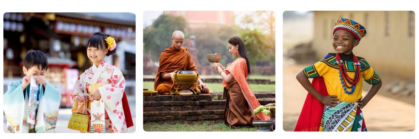 Japanese children in traditional dress, Thai buddest monk, African child in traditional dress