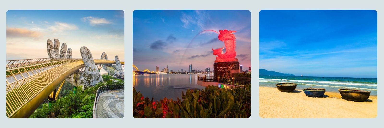 photos of bridge at Da Nang, the red fountain at night in Da Nang, and beach at Da Nang