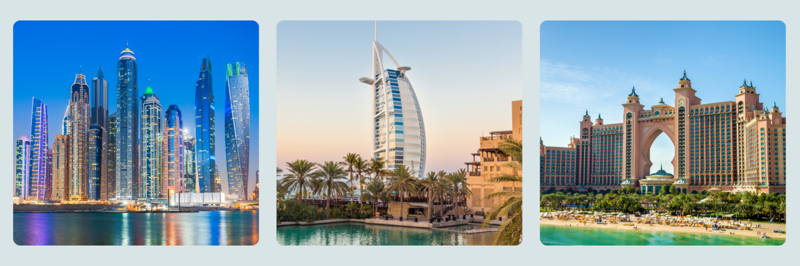 photos of Dubai skyline at night, the Burj Khalifa at sunset and Atlanta, the palm.