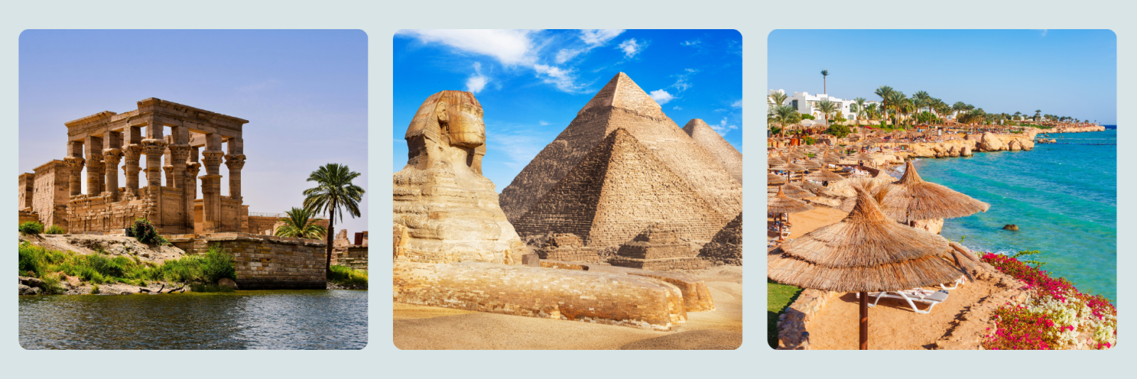 photo of Luxor, the pyramids at Giza and the beach at the red sea