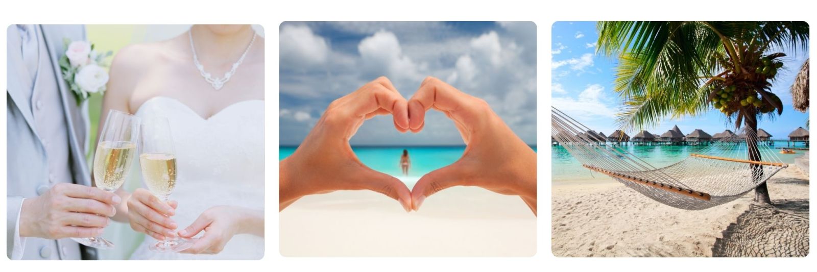 Wedding couple toasting, hands making loveheart on beach, maldives resort with hammock