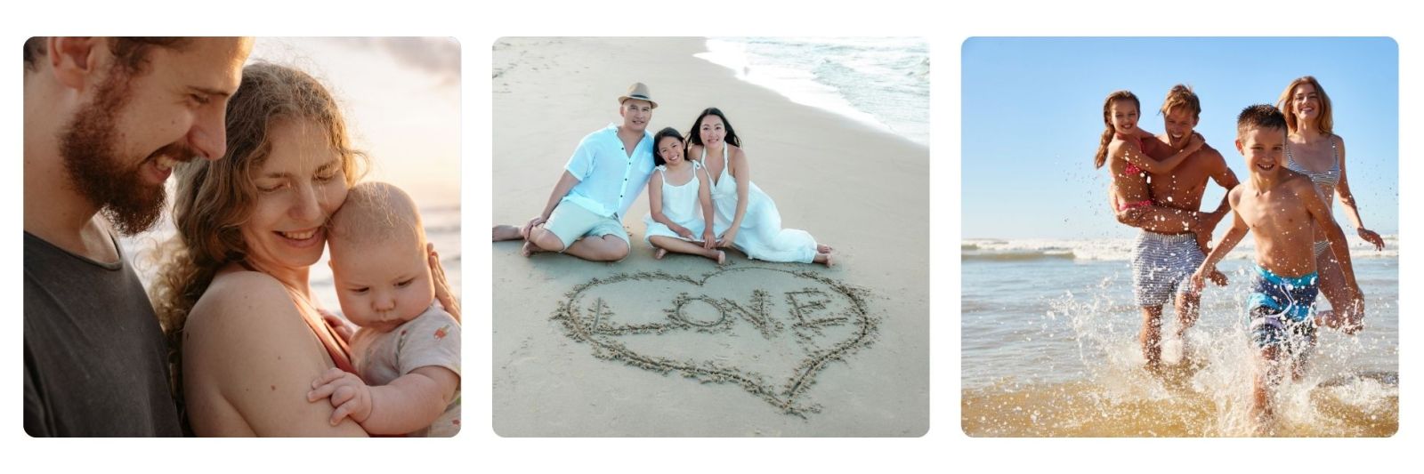 families with young children hugging on the beach. 