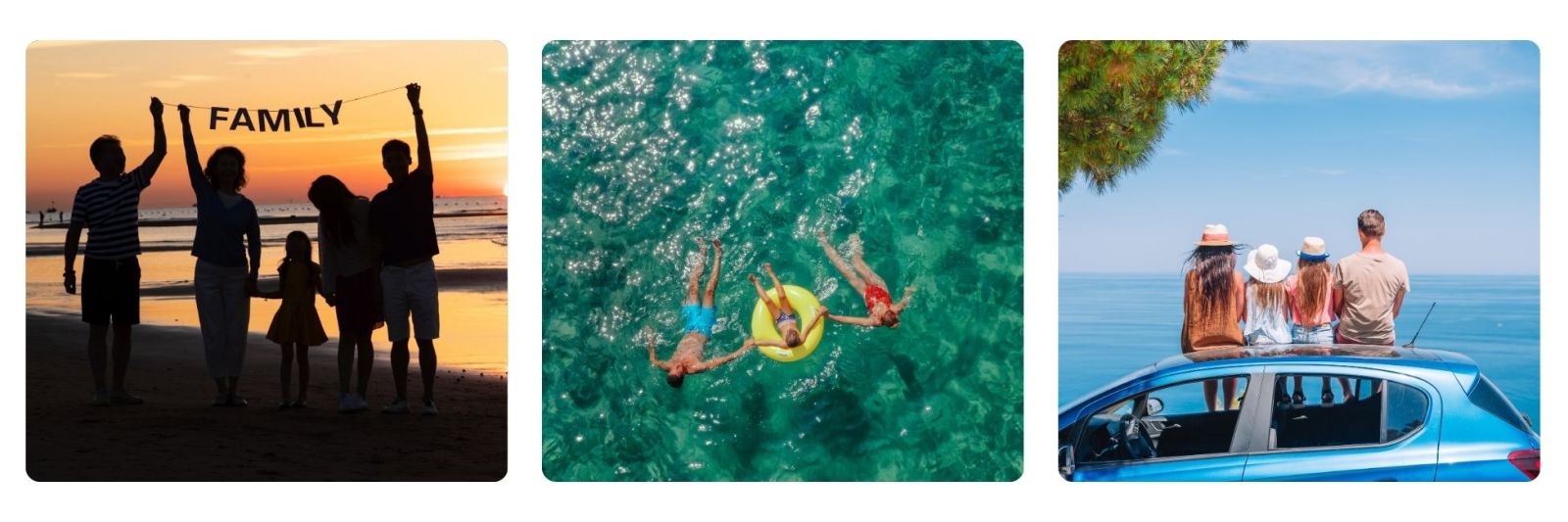 families enjoying holidays together including the beach, the pool, and touring. 