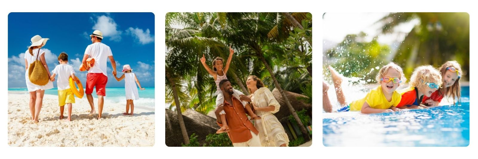 Photos of families and children playing together on holiday by the beach and pool