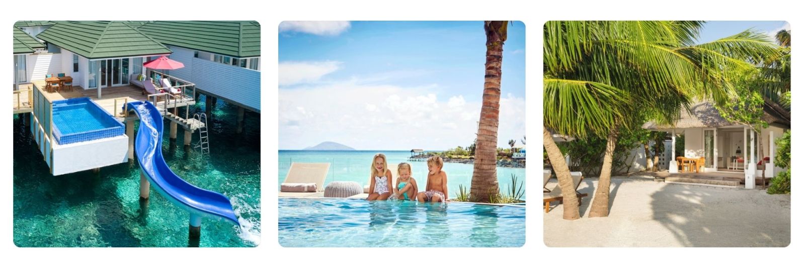 Photos of Maldives resort with over water villa with slide, beach bungalow and children playing the the pool