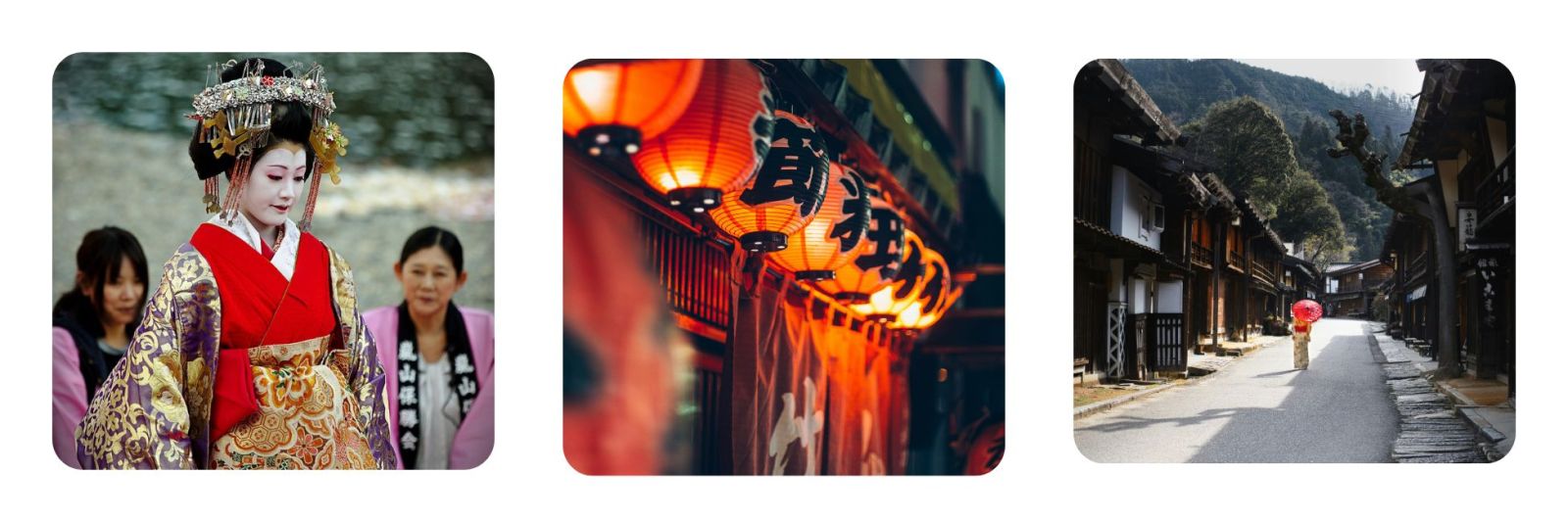 Photos of Geisha, Japanese lanterns, street in Miyajima