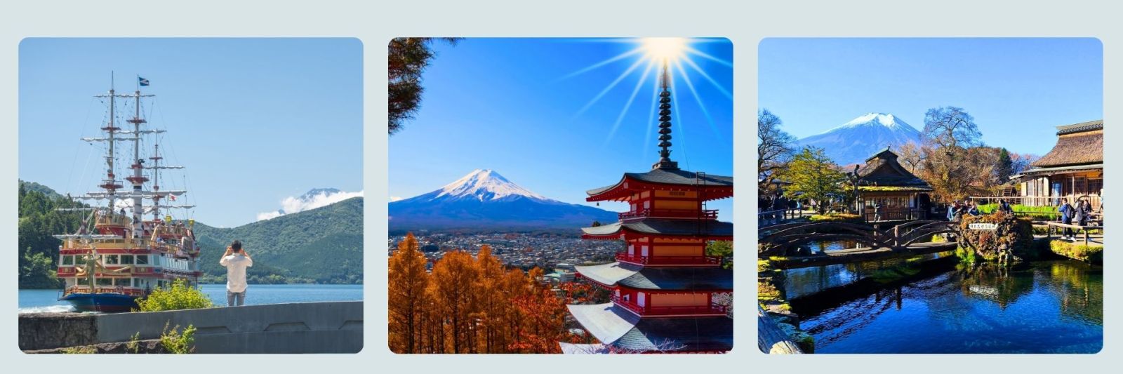 Photos of pirate ship in Hakone, Mt. Fuji and temple in Japan.