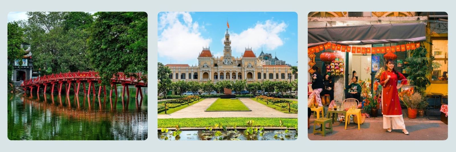 photos of Hanoi bridge, lady in traditional dress at night market, the town hall at Hanoi