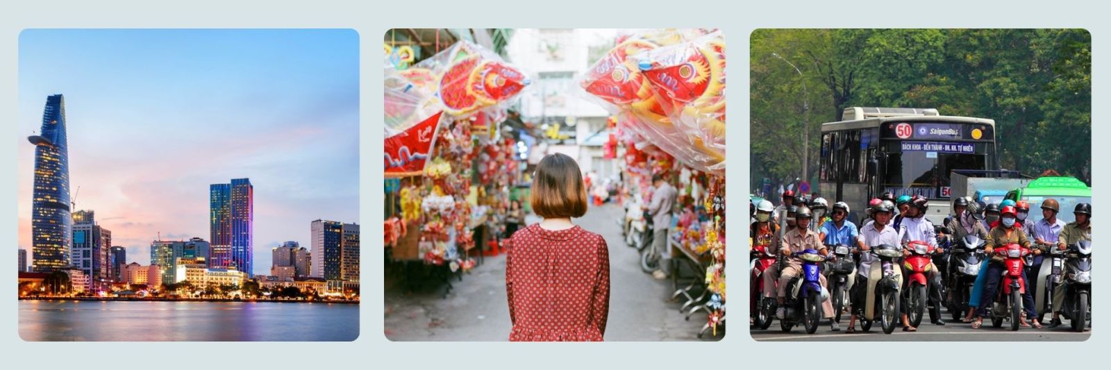 photos of Ho Chi Minh skyline at sunset, lady in the market and bikes in Ho Chi Minh city
