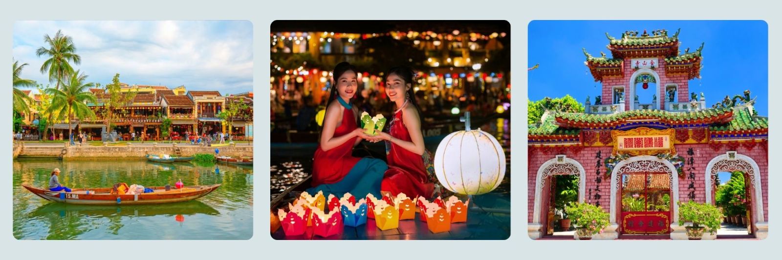 Pictures of Hoi An in the day with a boat, and ladies putting lanterns on the water at night and Hoi An temple