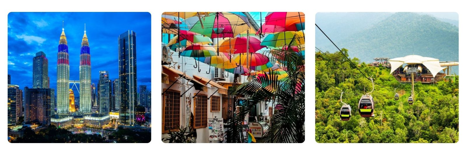 Photos of Petronas towers at night, colourful street with umbrellas in Penang, and cable car in Langkawi
