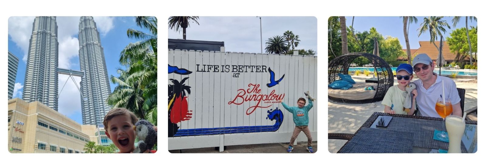 Child in front of Petronas Towers, child in Santa Monica and child and father in Maldives resort. 