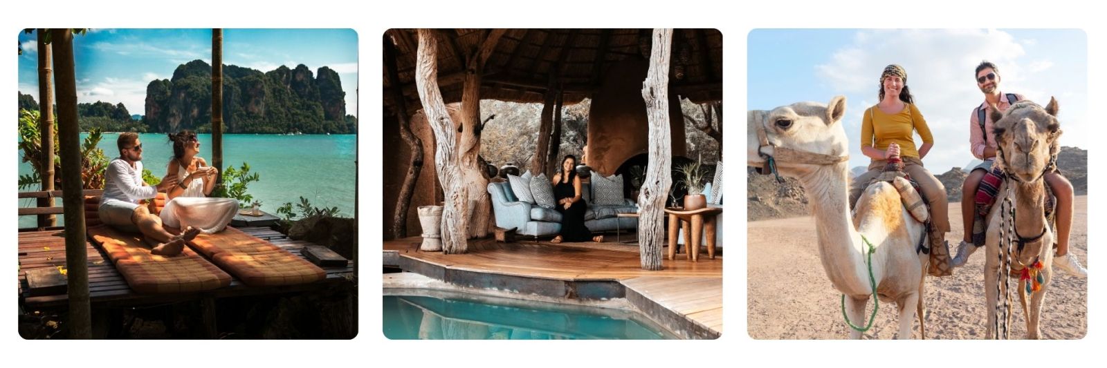 couple on honeymoon in Thailand, riding camels in the UAE and a luxury safari lodge