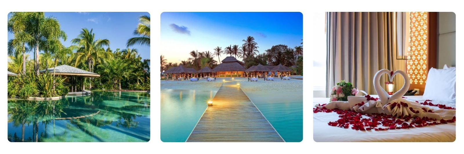 photo of pool and resort in thailand, maldives overwater villa and bedroom with roses and towel made to look like a heart