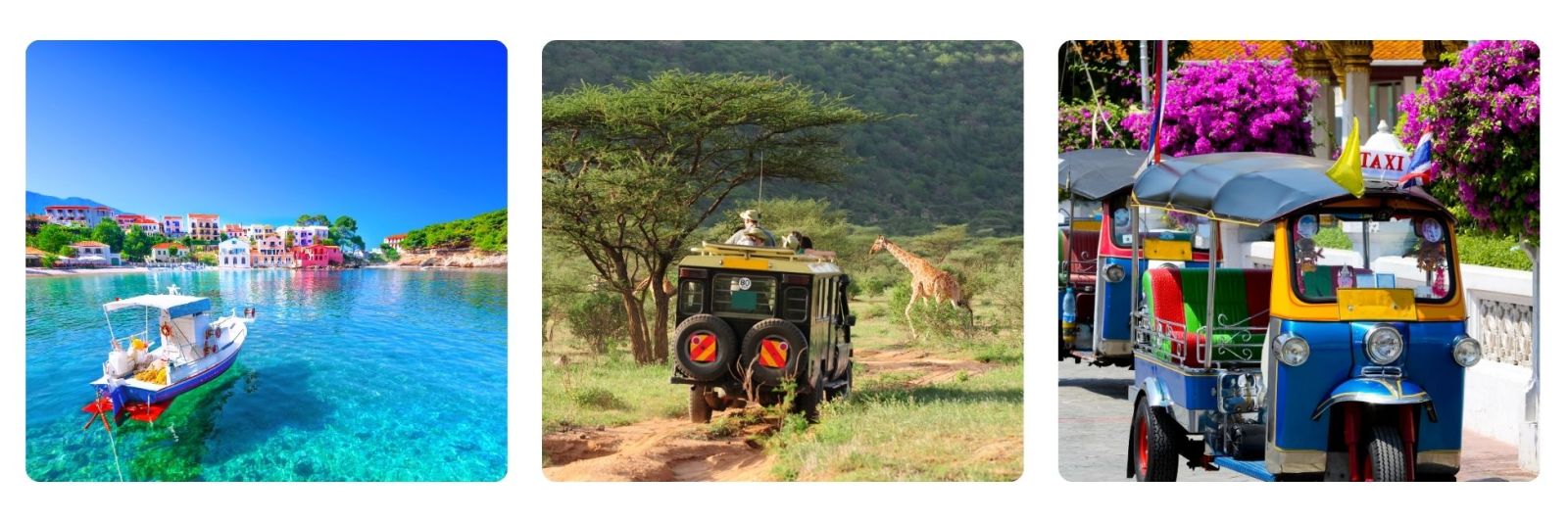 photos of beautiful fishing boat in Greek harbour, safari jeep and Giraffe and tuk tuk.