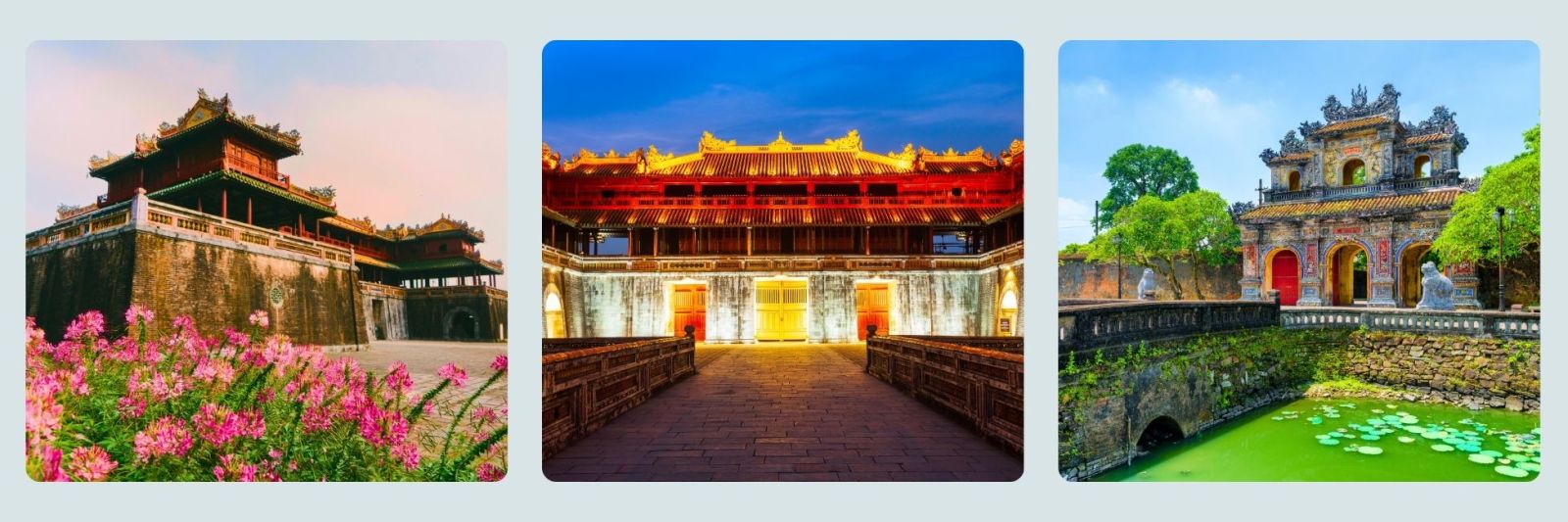 photo of temple in Hue at sunset, Hue at night and in the day. 