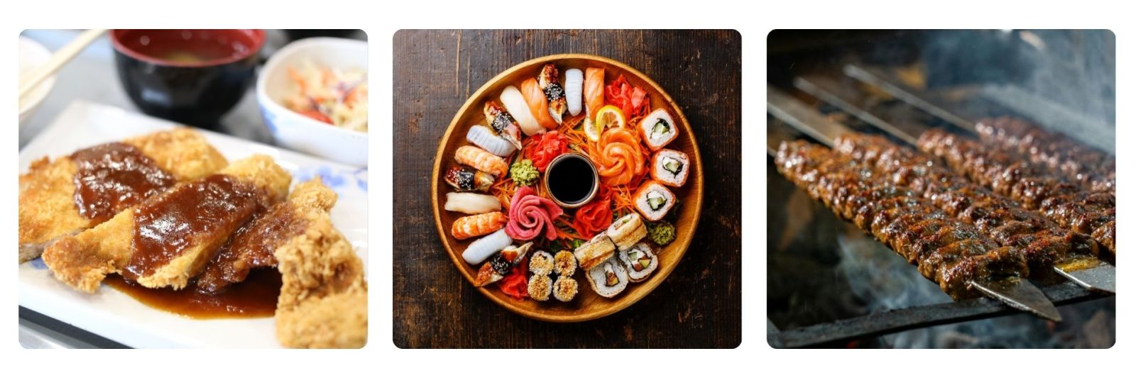 Photos of Asian food such as sushi and grilled meats