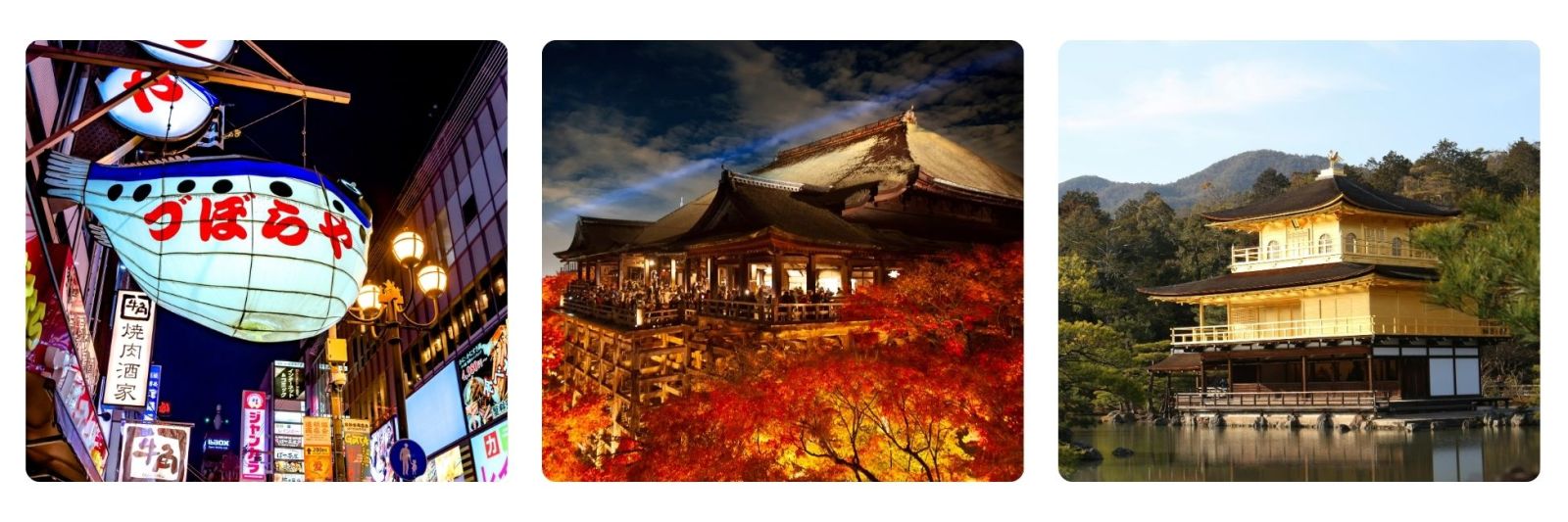 tailor made Japan holidays, Osaka at night, Kyoto temple at night, golden temple