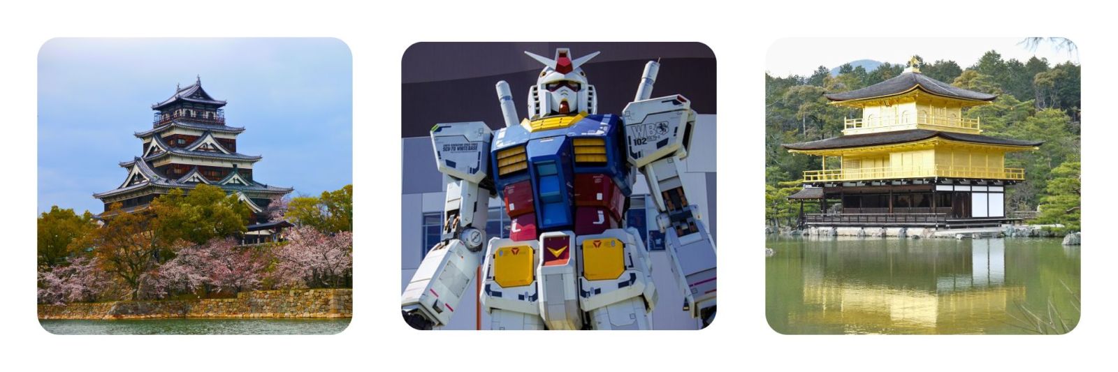 Photos of Hiroshima Castle and cherry blossoms, Japanese robot, Golden Temple, Kyoto