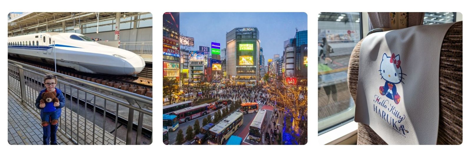 Shinkansen bullet train travel in Japan, Shibuya crossing Tokyo Japan Travel, Japan Hello Kitty Train family travel in japan
