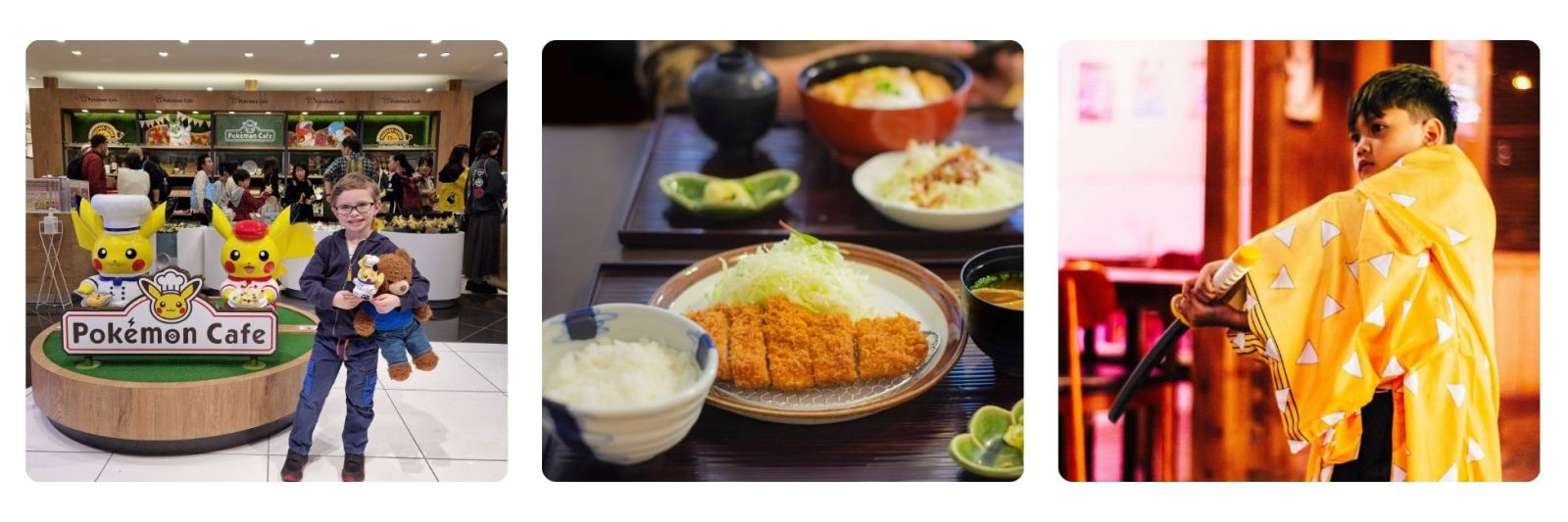 child at the Pokemon Cafe, Japan, close up of Katsu cuisine, child dressed up as a Samuri in Japan