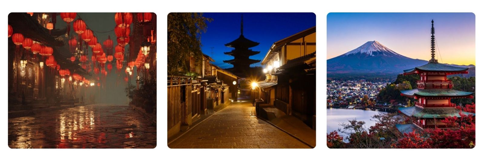 Kyoto lantern street traditional Japan travel, Kyoto skyline at night, Mount Fuji landscape Japan family travel destination