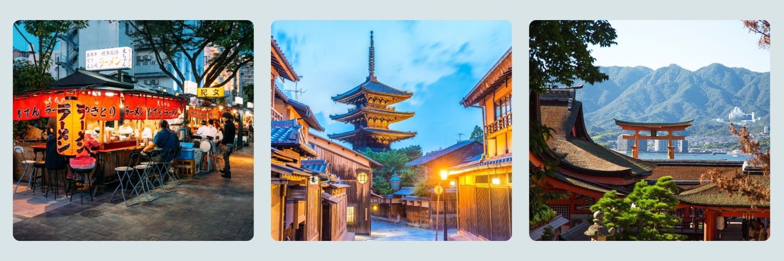 Pictures of Tokyo at night, Kyoto at night and Miyajima in the day