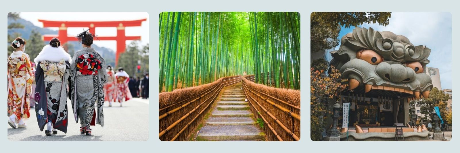 photos of Japanese in traditional dress, bamboo forest and temple