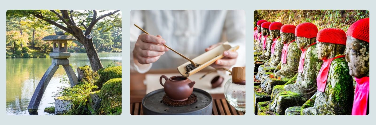 photo of shrine, japanese tea ceremony and buddist statues