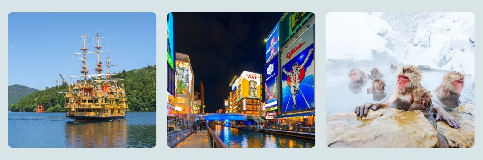 photo of boat on lake, tokyo at night and snow monkeys