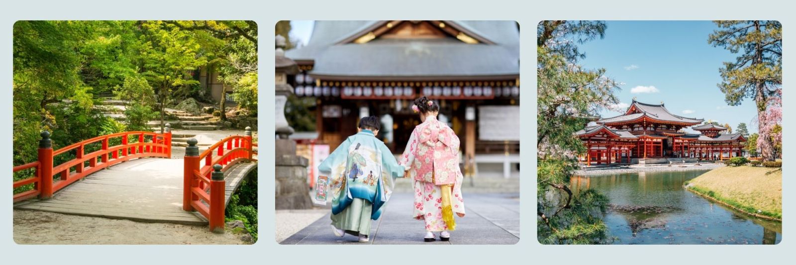 photo of traditional japanese bridge, children in traditional japanese dress going into a temple, temple in the gardens of Nijo Castle