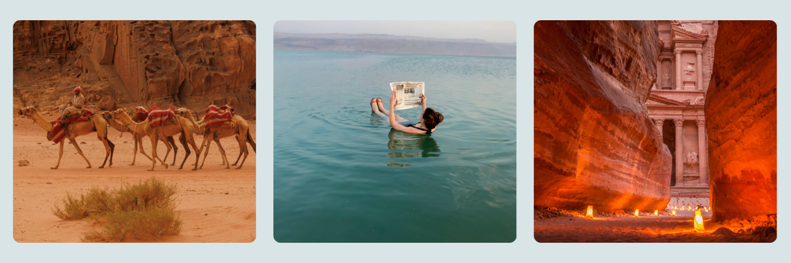 camels in Jordan, lady reading magazine in the Dead Sea, and Petra at night