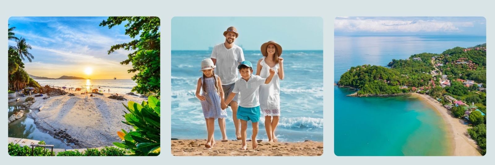 photos of thai beach, family enjoying holiday on beach and turquiose sea