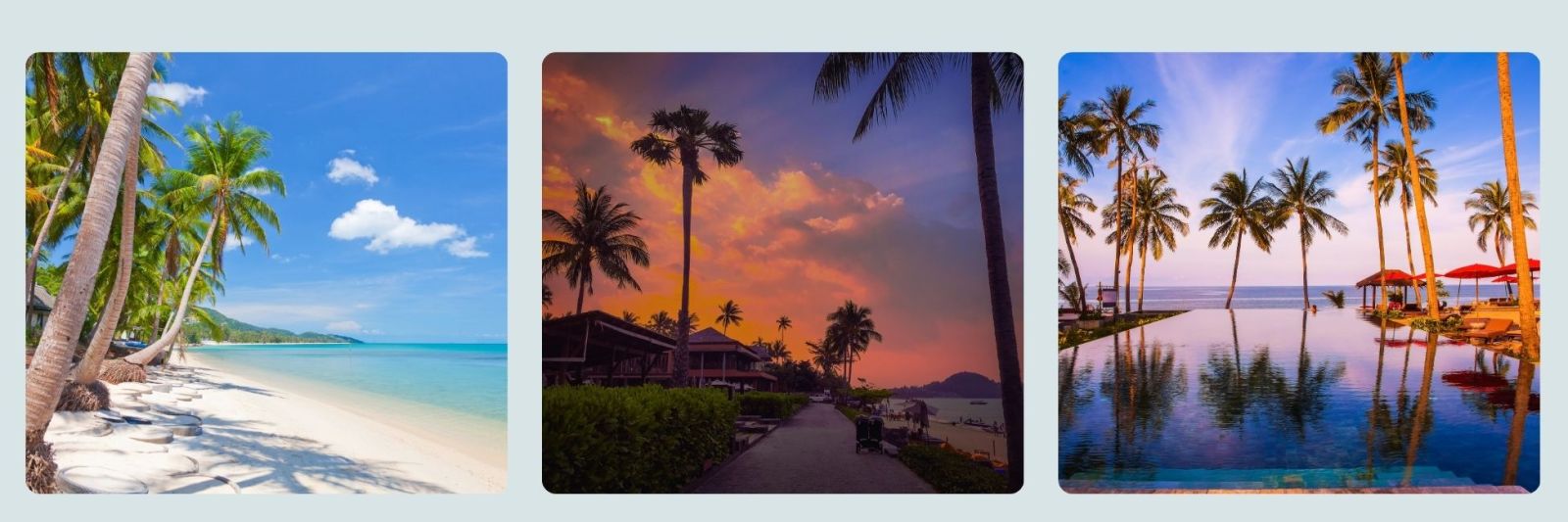 photos of beach in Thailand, beach at night and resort pool.