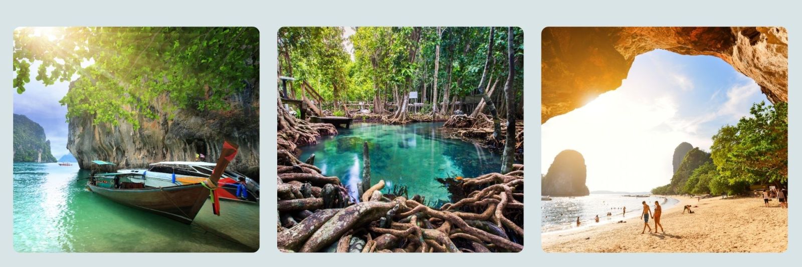 photos of boat in bay at Krabi, Krabi water fall, and beach cave