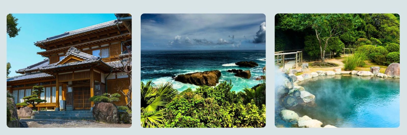 Photos of Kyushu temple, beach and hot spring in summer