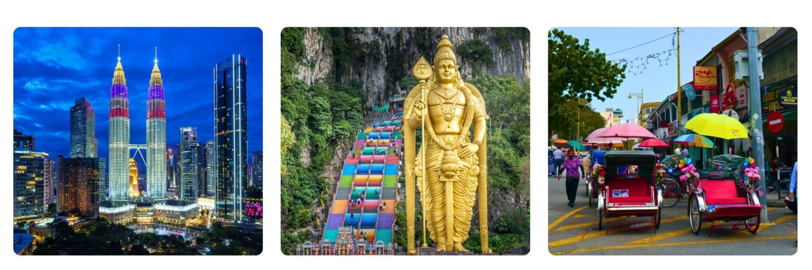 Petronas towers at night, Buddist statue, Ipoh street scene