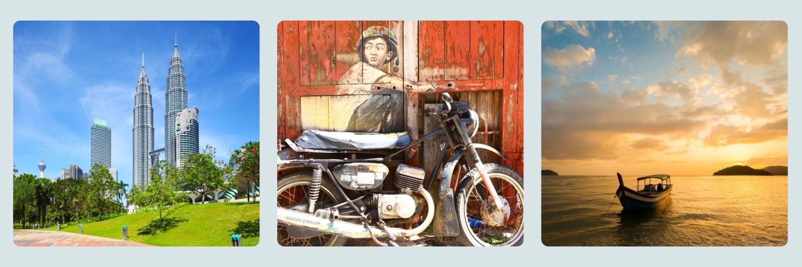 Petronas Towers in the day, street art in Penang and boat on sea at sunset