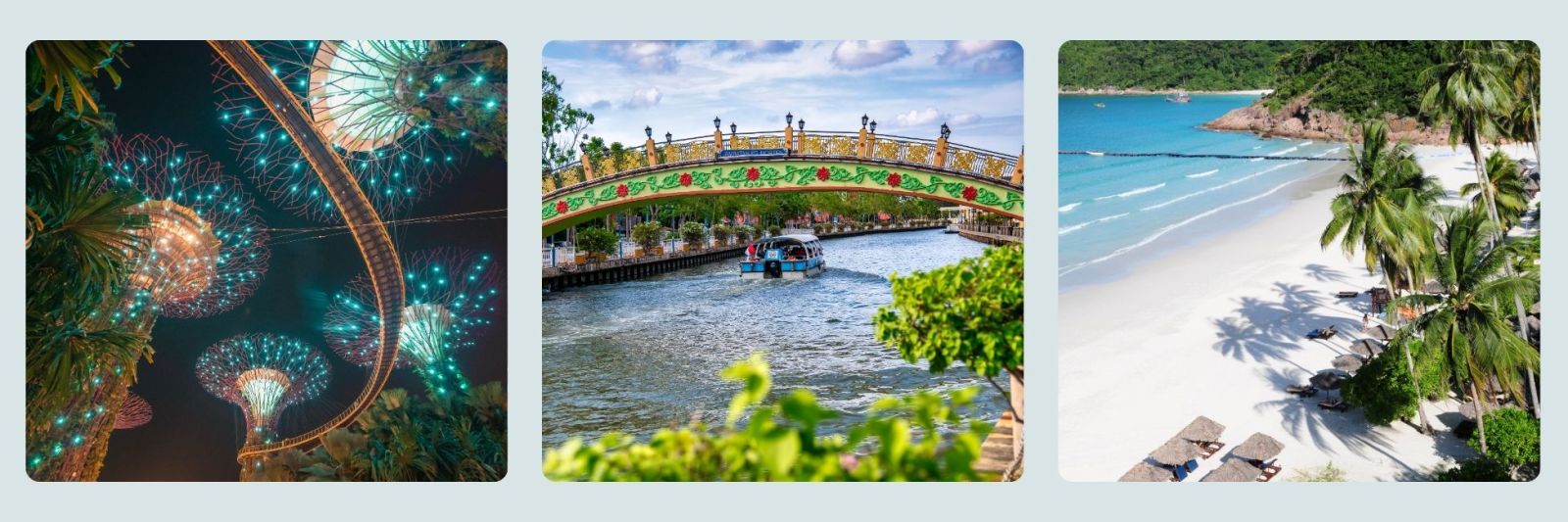 Singapore skypark at night, Malacca, Langkawi beach