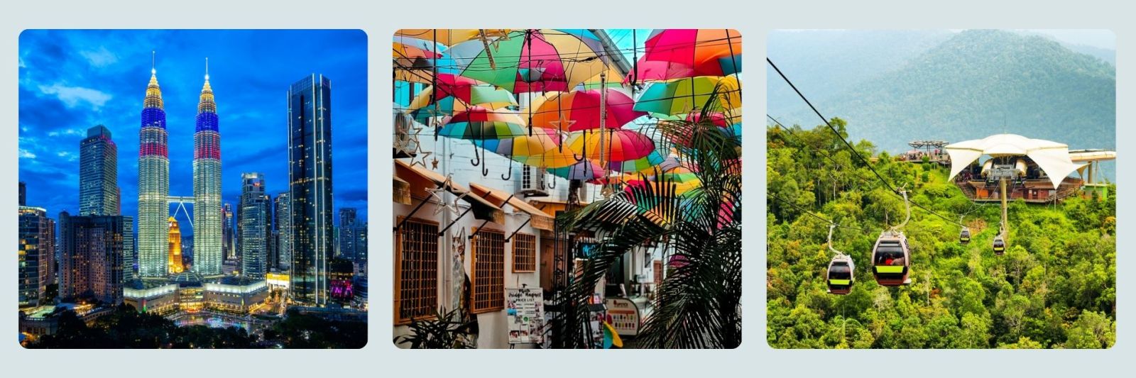 Photos of Petronas Towers at night, Pengang and Langkawi cable car