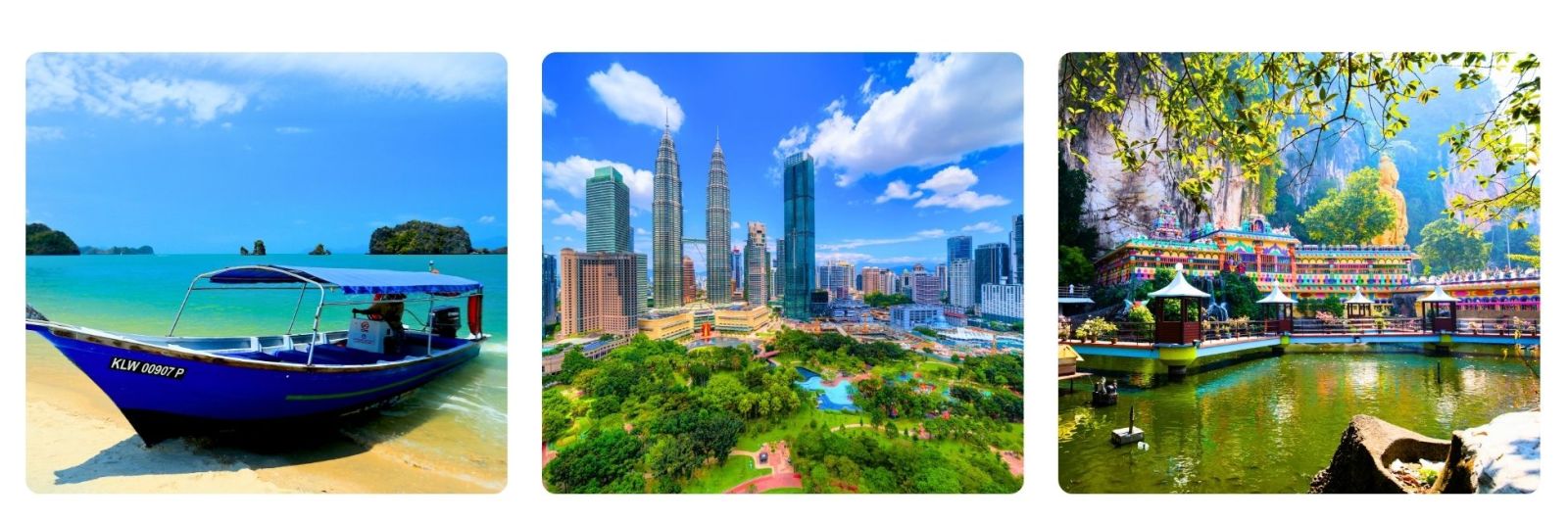 Malaysian beach with boat, Petronas Towers in the Day, Buddist temple