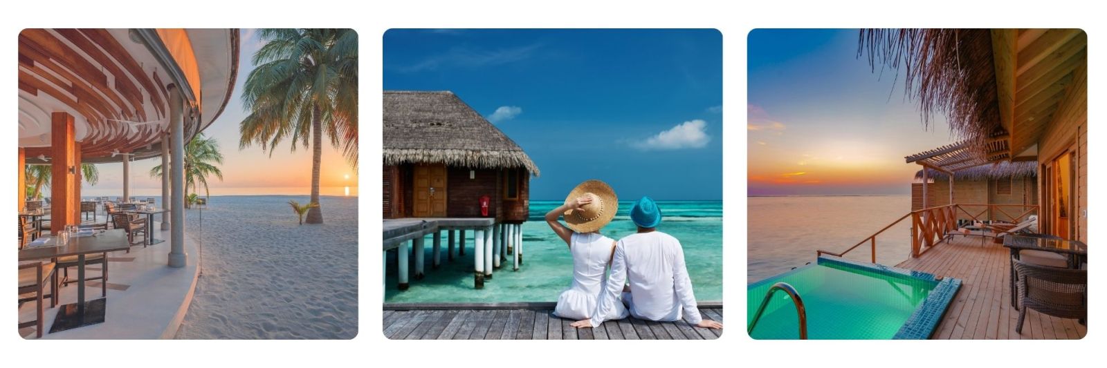 photos of Maldives beach bar, private villa with pool and couple enjoying an overwater villa