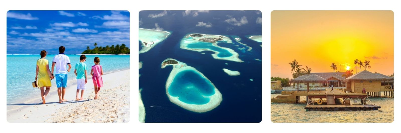 Photo of family on beach in Mauritius, photo of Attolls in Maldives, and photo of resort in Seychelles