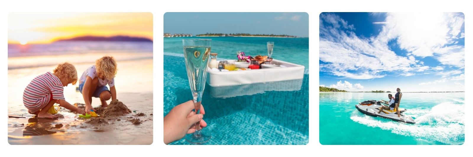 Photos of childrent playing on Maldives beach, floating breakfast Maldives, watersports in the Maldives