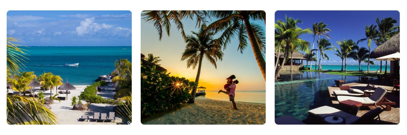 Photos of beach in mauritius, a couple hugging on beach and a resort pool in Mauritius